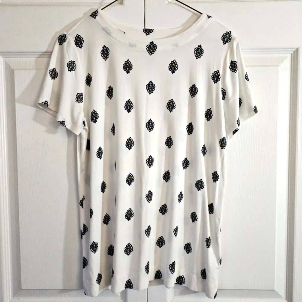 J.Jill Wearever Collection Shirt Sleeve Tshirt Small White Blue Yellow‎ Printed